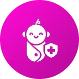 Icon depicting a smiling baby wrapped in a blanket with a medical shield symbol.