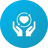 Circular icon featuring two hands holding a heart symbol with arrows around it, representing care and support.