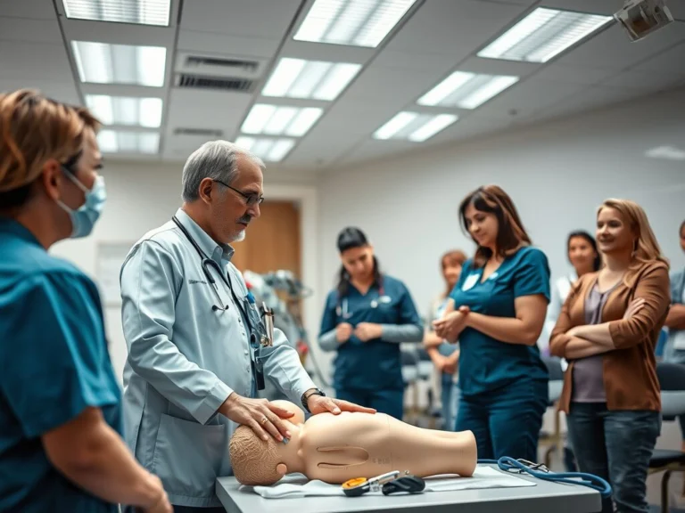 Instructor demonstrating CPR techniques on a training mannequin during a medical training session.