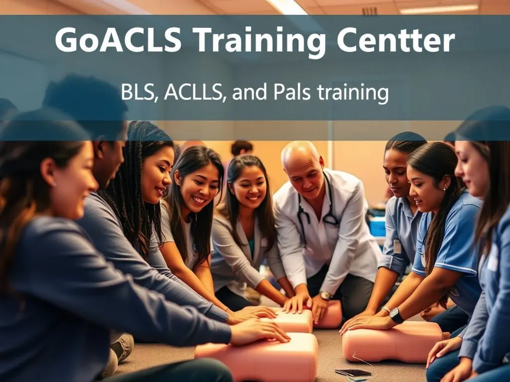 Group of individuals participating in BLS, ACLS, and PALS training at GoACLS Training Center.